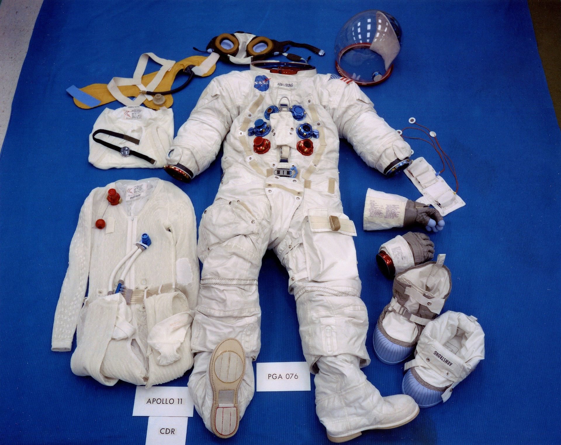 Neil Armstrong's Apollo 11 EMU displayed on a table top before the mission was flown.